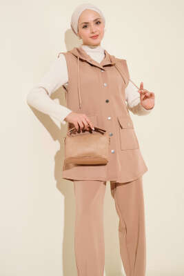 Çıtçıtlı Kapüşonlu Scuba Yelek Takım Latte - İkili Takım