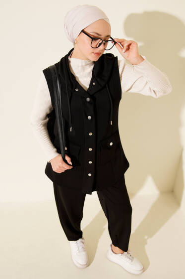 Çıtçıtlı Kapüşonlu Scuba Yelek Takım Siyah - İkili Takım