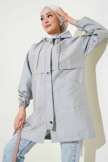 Çıtçıtlı Kapüşonlu Trençkot Gri - Trençkot