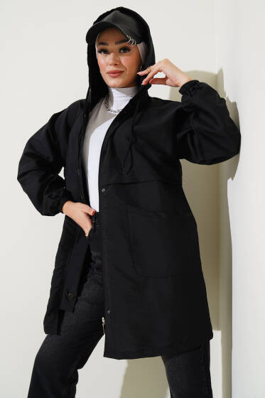 Çıtçıtlı Kapüşonlu Trençkot Siyah - Trençkot