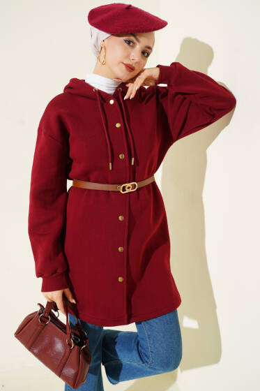 Çıtçıtlı Kemerli Üç İplik Hırka Bordo - Hırka