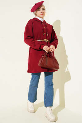 Çıtçıtlı Kemerli Üç İplik Hırka Bordo - Hırka