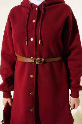 Çıtçıtlı Kemerli Üç İplik Hırka Bordo - Hırka