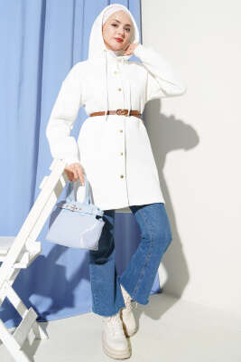 Çıtçıtlı Kemerli Üç İplik Hırka Ekru - Hırka