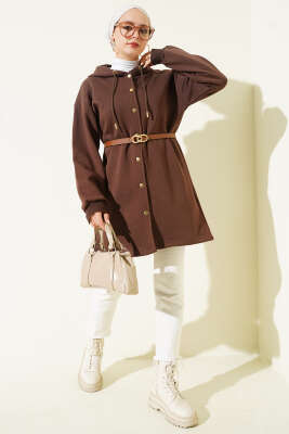 Çıtçıtlı Kemerli Üç İplik Hırka Kahve - Hırka