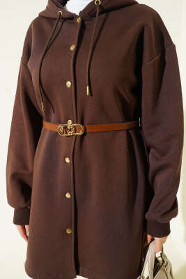 Çıtçıtlı Kemerli Üç İplik Hırka Kahve - Hırka