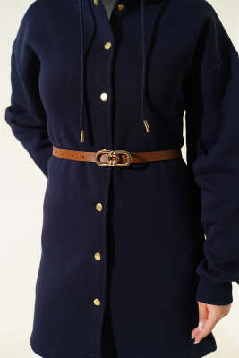 Çıtçıtlı Kemerli Üç İplik Hırka Lacivert - Hırka