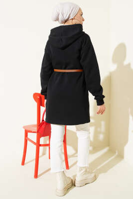 Çıtçıtlı Kemerli Üç İplik Hırka Siyah - Hırka