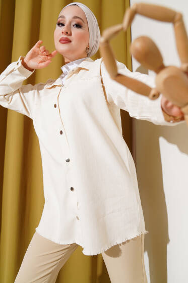 Çıtçıtlı Keten Gömlek Bej - Gömlek