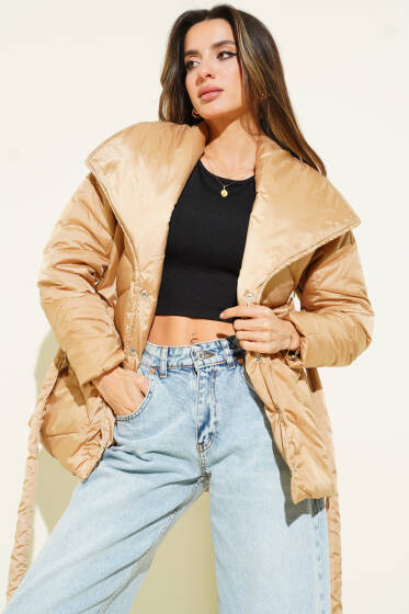 Çıtçıtlı Kuşaklı Kısa Şişme Mont Camel - Kadın Giyim Modelleri