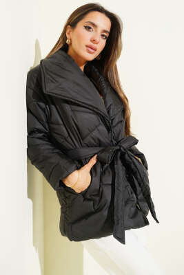 Çıtçıtlı Kuşaklı Kısa Şişme Mont Siyah - LEVURE