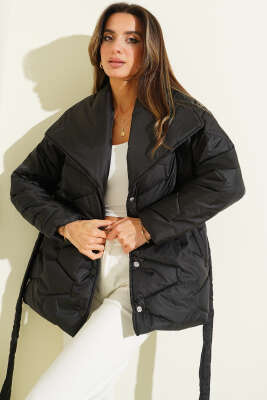 Çıtçıtlı Kuşaklı Kısa Şişme Mont Siyah - Kadın Giyim Modelleri