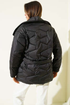 Çıtçıtlı Kuşaklı Kısa Şişme Mont Siyah - Kadın Giyim Modelleri