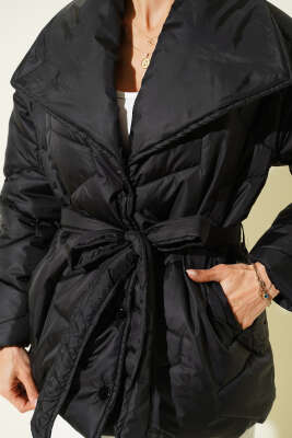 Çıtçıtlı Kuşaklı Kısa Şişme Mont Siyah - Kadın Giyim Modelleri