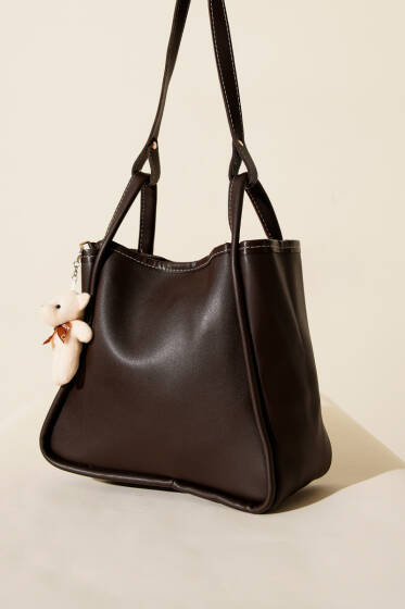 Çıtçıtlı Makyaj Çantalı Kadın El Çantası Acı Kahve - Kol Çantası