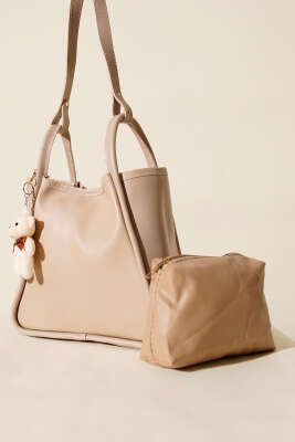 Çıtçıtlı Makyaj Çantalı Kadın El Çantası Bej - GÜZEL ÇANTA