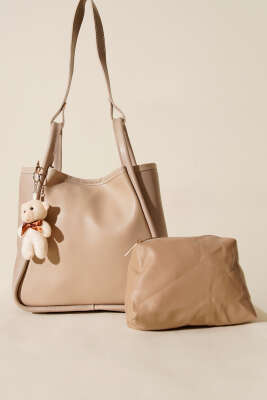 Çıtçıtlı Makyaj Çantalı Kadın El Çantası Bej - Kol Çantası