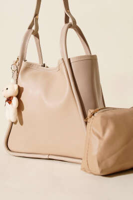 Çıtçıtlı Makyaj Çantalı Kadın El Çantası Bej - Kol Çantası