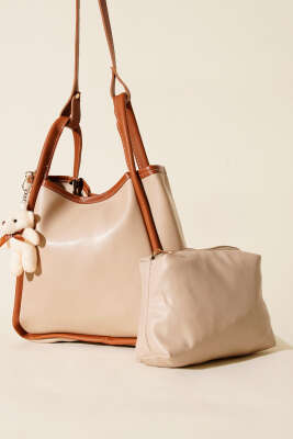 Çıtçıtlı Makyaj Çantalı Kadın El Çantası Bej Taba - GÜZEL ÇANTA