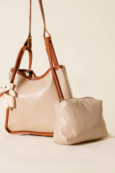 Çıtçıtlı Makyaj Çantalı Kadın El Çantası Bej Taba - Kol Çantası