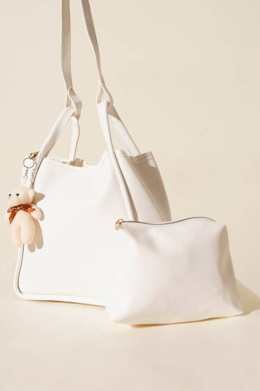 Çıtçıtlı Makyaj Çantalı Kadın El Çantası Beyaz - Kol Çantası