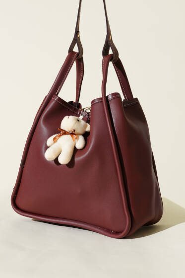 Çıtçıtlı Makyaj Çantalı Kadın El Çantası Bordo - Kol Çantası