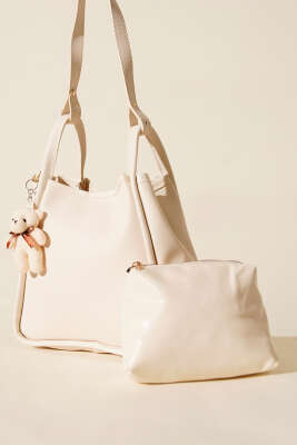 Çıtçıtlı Makyaj Çantalı Kadın El Çantası Krem - GÜZEL ÇANTA