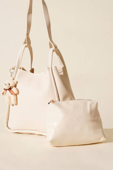 Çıtçıtlı Makyaj Çantalı Kadın El Çantası Krem - Kol Çantası