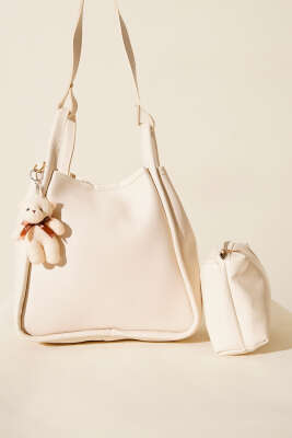 Çıtçıtlı Makyaj Çantalı Kadın El Çantası Krem - Kol Çantası