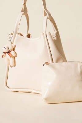 Çıtçıtlı Makyaj Çantalı Kadın El Çantası Krem - Kol Çantası