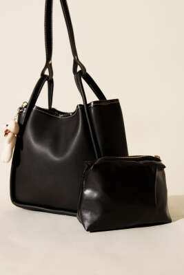 Çıtçıtlı Makyaj Çantalı Kadın El Çantası Siyah - GÜZEL ÇANTA