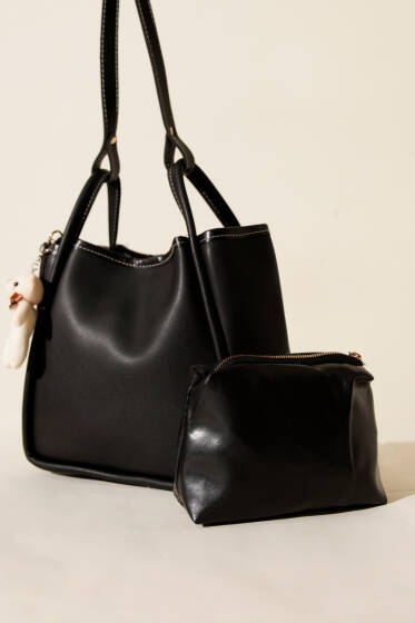 Çıtçıtlı Makyaj Çantalı Kadın El Çantası Siyah - Kol Çantası