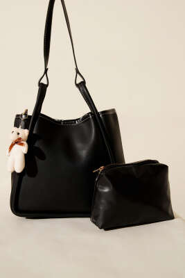 Çıtçıtlı Makyaj Çantalı Kadın El Çantası Siyah - Kol Çantası