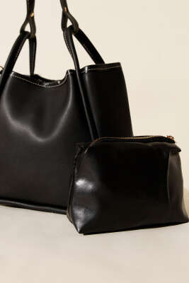 Çıtçıtlı Makyaj Çantalı Kadın El Çantası Siyah - Kol Çantası