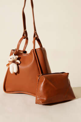 Çıtçıtlı Makyaj Çantalı Kadın El Çantası Taba - GÜZEL ÇANTA