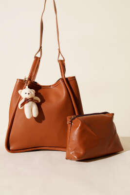 Çıtçıtlı Makyaj Çantalı Kadın El Çantası Taba - Kol Çantası