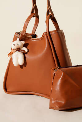 Çıtçıtlı Makyaj Çantalı Kadın El Çantası Taba - Kol Çantası