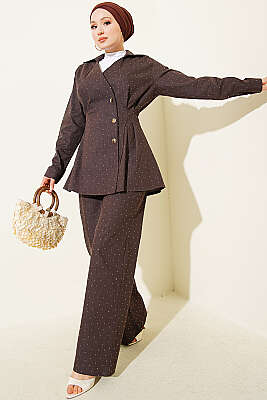 Çıtçıtlı Mini Taşlı Kot İkili Takım Kahve - WENNA DESIGN