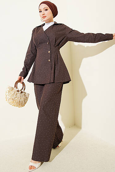Çıtçıtlı Mini Taşlı Kot İkili Takım Kahve - İkili Takım