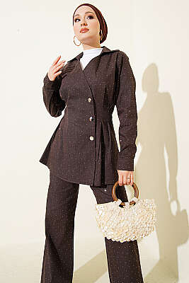 Çıtçıtlı Mini Taşlı Kot İkili Takım Kahve - İkili Takım