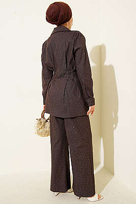 Çıtçıtlı Mini Taşlı Kot İkili Takım Kahve - İkili Takım