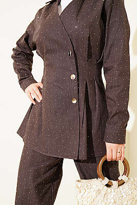 Çıtçıtlı Mini Taşlı Kot İkili Takım Kahve - İkili Takım