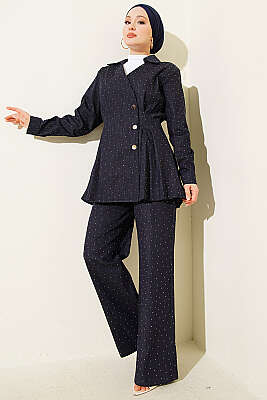 Çıtçıtlı Mini Taşlı Kot İkili Takım Lacivert - WENNA DESIGN