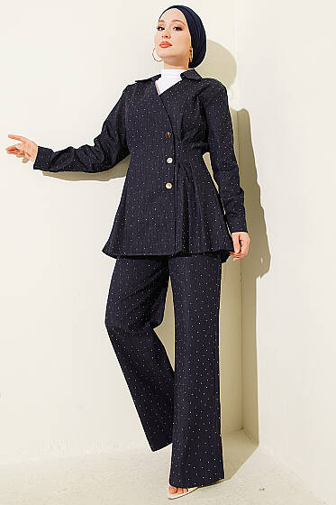 Çıtçıtlı Mini Taşlı Kot İkili Takım Lacivert - İkili Takım