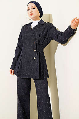 Çıtçıtlı Mini Taşlı Kot İkili Takım Lacivert - İkili Takım