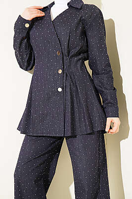 Çıtçıtlı Mini Taşlı Kot İkili Takım Lacivert - İkili Takım