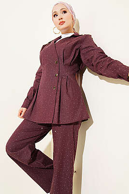 Çıtçıtlı Mini Taşlı Kot İkili Takım Mürdüm - WENNA DESIGN