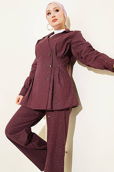 Çıtçıtlı Mini Taşlı Kot İkili Takım Mürdüm - İkili Takım