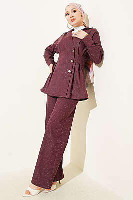 Çıtçıtlı Mini Taşlı Kot İkili Takım Mürdüm - İkili Takım