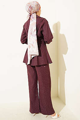 Çıtçıtlı Mini Taşlı Kot İkili Takım Mürdüm - İkili Takım